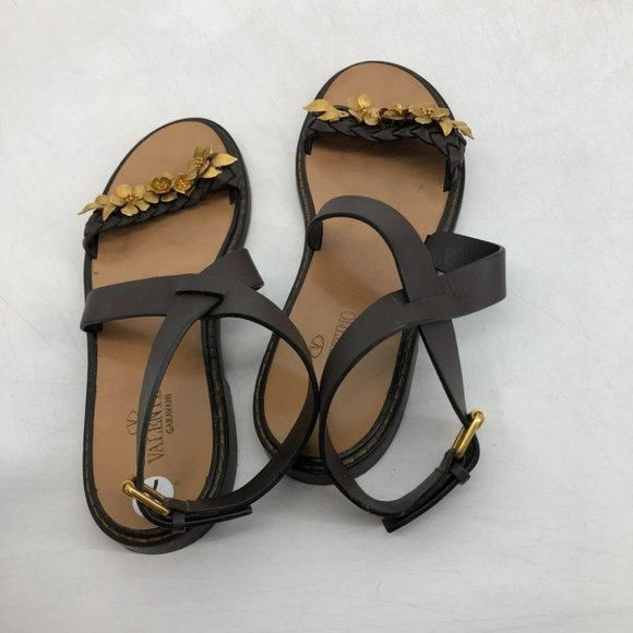 Valentino Garavani brown leather braided strappy sandals gold flower embroidery - Picture 3 of 14